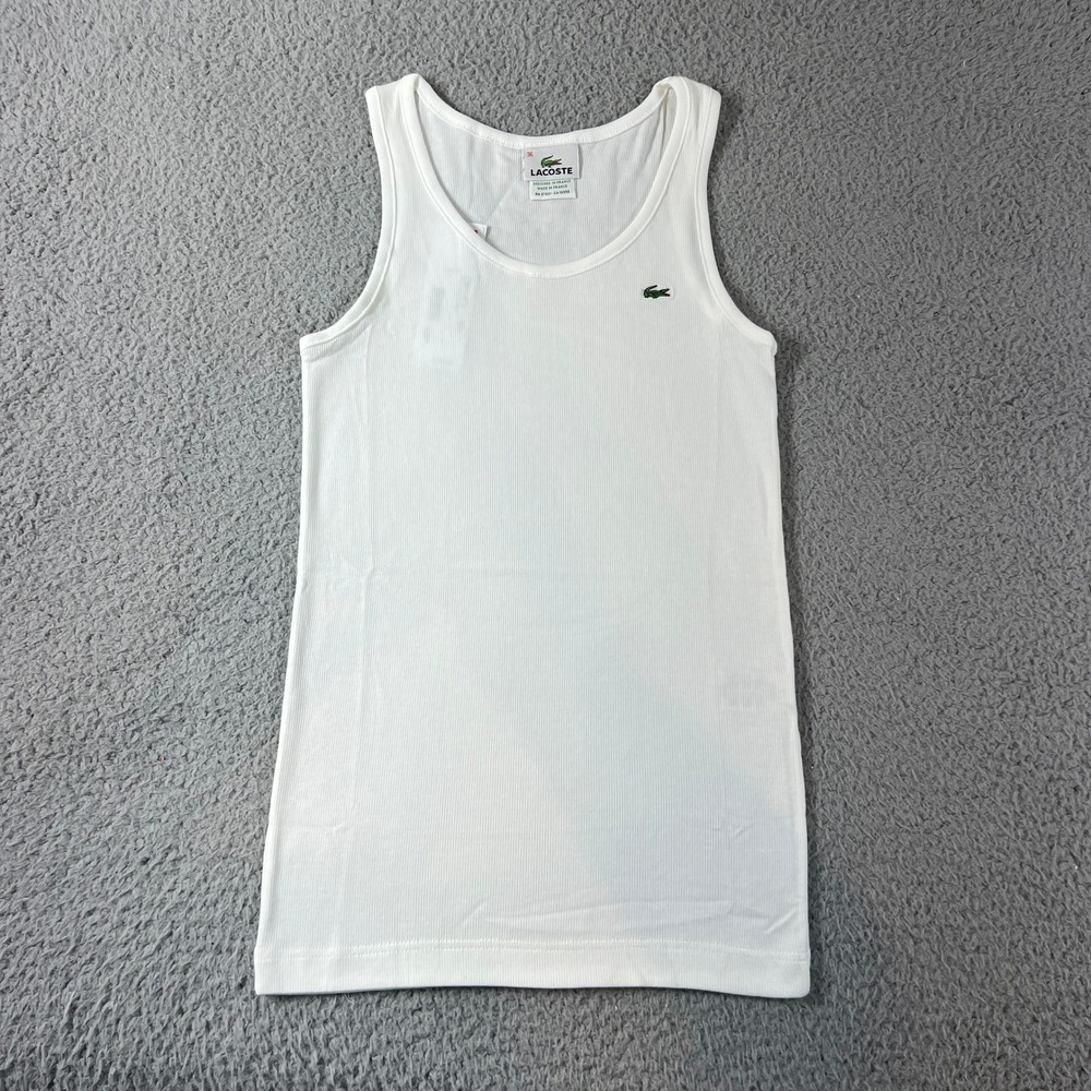 Lacoste Tank Top Women US Size S (EU/4) White Ribbed Cotton Modal Stretch Logo